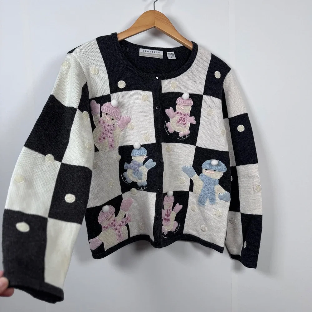 VTG Marisa Christina Cardigan M Patch Snowman Winter Holiday Ugly Sweater Retro